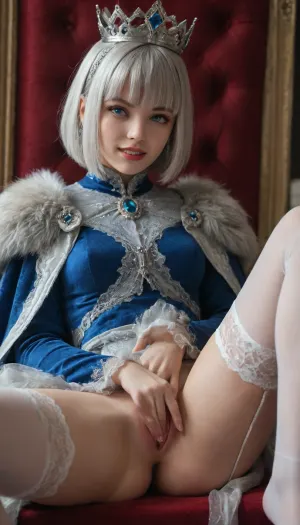 The Snow Queen sits on the throne, the big crown, silver hair, (bob cut with bangs:1.5), (masturbation:1.1), stockings, grin, rush, He asks, "Do you want to suck him off?"