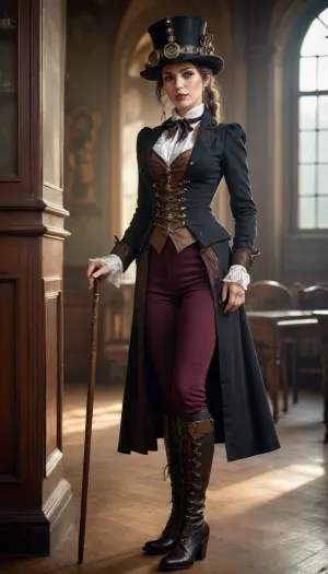 A steampunk teacher, a tall hat, high lace-up boots, a cane in her hand