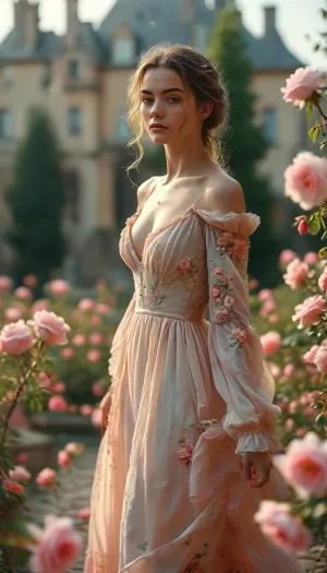 Fairytale-like female model in a pastel gown, walking through a blooming rose garden in front of an old European castle, soft petals falling around her, classical fountain nearby, timeless romance, warm afternoon glow

naked boobs, naked pussy, pubic hair, <lora:MJ52:.8>