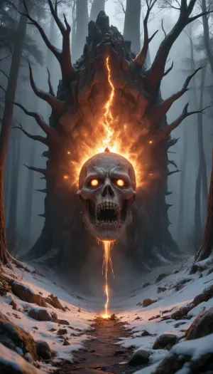 A bleak anti-utopian winter forest where skeletal trees rise from cracked frozen ground, their branches heavy with jagged acid-green icicles dripping onto patches of glowing bioluminescent moss. The sky is choked with smog, casting a sickly gray-blue haze over the snow-covered ruins of a forgotten civilization—twisted metal beams protrude from the earth, half-buried in frost, while faint aurora-like lights flicker weakly above. The air is thick with falling snowflakes tinged faintly amber by a decaying magical energy, and the distant howl of an unknown creature echoes through the silence. Style, dark fantasy meets primal decay, blending hyper-realistic textures, (rough bark, frost-crusted stones), with muted earth tones and eerie toxic highlights. No modern technology—only the raw brutality of a shattered world surviving on forgotten magic.
