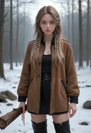 A 24-year-old woman stands in a dystopian winter forest, wearing only a form-fitting bodysuit made of natural materials, (woven fibers or tanned leather), and a thick animal pelt draped around her neck. Her extremely long white dreadlocks are styled into an intricate updo with braids and bone beads. She wears thigh-high boots with chunky soles, weathered and practical. The setting is a bleak, frost-covered forest, dead trees with icicles, faint aurora-like lights in a smoggy sky, and a faint snowfall. She turns her head to look cautiously over her shoulder, tense but calm, holding a simple wooden bow. No cyberpunk elements — focus on raw, organic textures, (rough leather, fluffy fur, cracked wood), and muted colors, (cream, brown, ash-gray), with pale snow contrasts. Style, gritty realism with a touch of primal beauty in a decaying world.