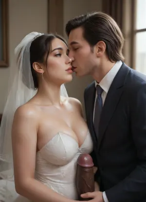 interracial, ((POV of large veiny black penis with golden cock ring)), A sexy and intimate boudoir-style photo of a beautiful chubby Iranian bride and her Nigerian groom. The image focuses closely on the upper body and face of the bride, highlighting her striking facial features, smooth skin, and expressive eyes, with soft, flattering lighting. Her dark hair is styled elegantly, and delicate lace details of her bridal lingerie or robe are subtly visible. The Nigerian groom is close beside her, creating a warm, sensual connection, his skin contrasting beautifully with hers. The background is softly blurred, giving full attention to their emotion and presence., (((white skin husband in suit kiss the bride)), ., nicorima), Curvy, body, <lora:b8174d41-8ba7-4318-bc14-53ee7e353d91.TA_trained:.8>