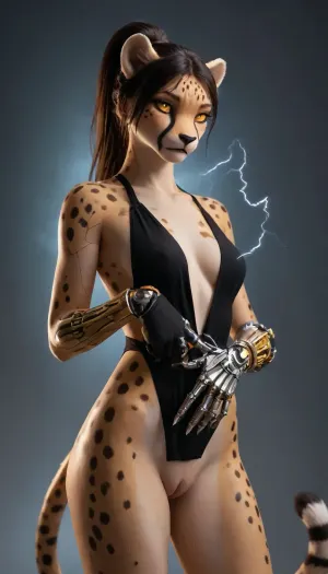 beautiful sexy slender 20 year old woman posing, detailed face, perfect eyes, perky large natural breasts, sexy sorceress magic dress opened to show tits, makeup, dark Brown eyes, dark black hair, ponytail, 3/4 view, ((bare legs, bare chest)), standing by glowing runes, good hands, perfect fingers, (vagina), (shaved pussy), blue glow, lightning, d4s, sorceress, (yiff anthro furry cheetah:2), ((fully robotic body, robotic cheek, glowing robotic eyes, huge robotic tits:1.3), white space background), <lora:diablo_4_sorceress_xl_v3:.8>