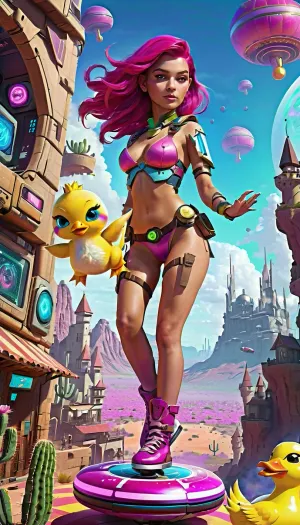A mysterious nude woman with glowing magenta hair and eyes like spinning loading icons races through a digital battlefield where logic is a distant memory. She rides a shifting vehicle that flickers between a neon hoverboard, a mechanical centaur with rocket hooves, and a giant pixelated rubber duck that honks with every bounce. The landscape beneath her is a seizure of impossible terrain—rainbow deserts where cacti sprout USB cables, pixelated oceans that surge in midair, and checkerboard roads that twist into gravity-defying loops.

Around her, the game world is a kaleidoscope of genre mashups. Samurai cowboys wielding laser whips duel anthropomorphic chess pieces, while a colossal, glitching vending machine spits out weapons at random—one second, a flaming sword, the next, a baguette that explodes on impact. A horde of low-poly zombies wearing business suits marches across a cyberpunk city, only to be interrupted by a fleet of anime mecha DJs dropping dubstep soundwaves that blast the undead into collectible coins.

Above, the sky is a chaotic mess of floating tutorial windows, pop-up ads for cheat codes, and swirling portals that spit out random enemies—one moment, a swarm of medieval archers, a stampede of velociraptors on roller skates. In the far distance, a monolithic "FINAL BOSS" health bar stretches across the horizon, though no one knows what it belongs to yet. A floating "PATCH UPDATE" sign flickers ominously, threatening to rewrite the laws of physics at any second.

At the center of the madness, an ever-shifting castle looms, its walls flashing between gothic spires, alien fortresses, and candy-coated dreamscapes. Guarding its gates, a monstrous figure made of pure glitch and bad code looms—its form constantly rewriting itself, one moment a shadowy knight, the next a monstrous catgirl with chainsaw hands. As the woman exhales, the world stutters—gravity inverts for half a second, background music distorts into a corrupted melody, and a massive “NEW CHALLENGER APPROACHING” sign flashes in the sky. Then, with a deafening "GO!", the chaos resumes, faster and more absurd than ever.