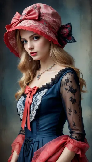 8k, RGB, HDR, oil paints, watercolors, bright saturated colors, Anna Razumovskaya, Jarek Kubicki, Aleksi Brilo, Darek Zabrotsky, Sakimichan, Loisch, Aminola Rezai, photo RAW, black, dark red, Mixed media collage., beautiful face. Calligraphy, gouache wash, pen sketch, thin lines, vintage illustration style. Black, white, coral pink, red, blonde hair, beautiful patterns, ral-melting, whdbd, blue, dress, jewelry, necklace, bonnet, long, sleeves, bow, lace, trim, frills, pantyhose, <lora:ral-melting-sdxl:.5>, <lora:whdbd XL:.8>