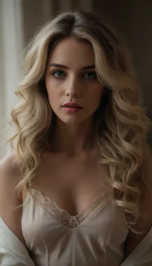 (hyper feminine features, feminine allure, feminine perfection, extreme femininity, seductive expression:1.8), (masterpiece, best quality, 8k, RAW photography, award-winning), (ash blonde hair with dark roots, long hair hanging in loose waves, thick voluminous hair:1.4), (avant-garde snapshot esthetic, romantic intimacy, medium full shot, sharp focus, focus on eyes:1.6), (artist's loft, large industrial windows, morning sunlight streaming through windows), (wearing a silk chemise, off shoulder, seductive pose), (shallow depth of field, professional color grading, HDR, uncompressed, RAW photograph:1.4), (natural skin texture, realistic skin details, subtle vellus hairs:1.2), (intricately detailed hair, natural hair texture:1.2), (expressive eyes, limbal ring, detailed iris texture, realistic eye texture:1.2), ziprealism
