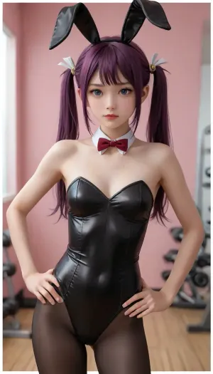 yu-gi-oh!, kirishima romin, 1girl, alternate costume, animal ears, bare shoulders, black leotard, black pantyhose, blue eyes, blush, breasts, cowboy shot, fake animal ears, gym, hands on own hips, leotard, long hair, pantyhose, pink background, playboy bunny, purple hair, rabbit ears, small breasts, solo, strapless, strapless leotard, twintails, very long hair, white border