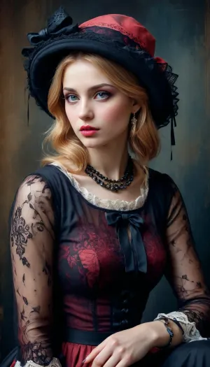 8k, RGB, HDR, oil paints, watercolors, bright saturated colors, Anna Razumovskaya, Jarek Kubicki, Aleksi Brilo, Darek Zabrotsky, Sakimichan, Loisch, Aminola Rezai, photo RAW, black, dark red, Mixed media collage., beautiful face. Calligraphy, gouache wash, pen sketch, thin lines, vintage illustration style. Black, white, coral pink, red, blonde hair, beautiful patterns, ral-melting, whdbd, blue, dress, jewelry, necklace, bonnet, long, sleeves, bow, lace, trim, frills, pantyhose, <lora:ral-melting-sdxl:.5>, <lora:whdbd XL:.8>