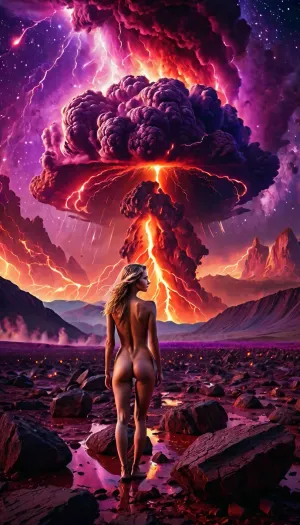 A naked young woman stands under a purple starry sky and everything collapses around her. Mountains are cracked, red lights erupt from the ground, and fire and clouds have formed dark, swirling tornadoes. Rocks collapse in the background, and the air is filled with particles and ash.
A huge nuclear bomb dropped on an alien planet, (bright colours), (low light), (blurred background)