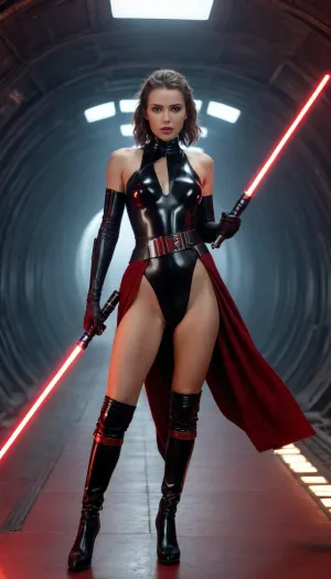 Uber realistic, 8k, ultra detailed, masterpiece, A slim and athelic Sith woman from Star Wars in a fighting posture in a spaceship tunnel, in an open black Sith dress, topless, hairy vagina, long black latex boots, (full_body:1.5), (full_view:1.8), (red_lightsaber), (angry:1), brunette, tanned, ((hairy pussy))