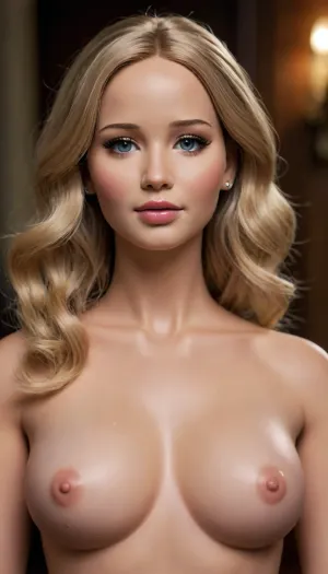Barbie doll, Jennifer Lawrence face, show full body, naked, nude