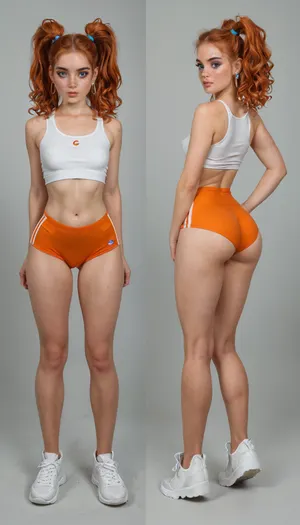 sexy ginger hair girl with pale skin and freckle's in tight and sexy bodysiut. spreading her perfect petite ass, full body view, petite body, ponytails, ass spread with hands, petite ass, pale skin, tight bodysiut, model makeup, model face expressions