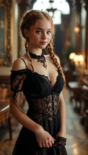 happy, (smile), busty gorgeous beautiful 18 year old, (short:1.2), black, (lace), minidress, no underwear, pussy exposed, stockings, slim figure, eye contact, ginger hair braids, firm boobs, detailed skin, perfect detailed eyes, elegant classy upscale, walking in luxury mansion, (bracelets rings pendant lipstick:1), ., <lora:MJ52:.8>