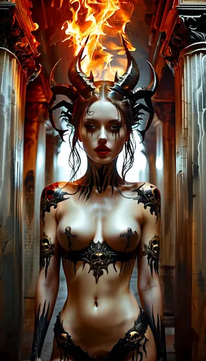 nude sexy goddess of death with open black and gold skull armore in a corridor filled with columns of skulls, dark red lipstick, ((topless)), view breasts, long blach wavy hair, white skin, Crown of flames on the head, ((full body view)), very Long black demon horns, ((red skulls tattoos)), . Hyper-realistic, dark fantasy style, (best quality), (detailed), <lora:MJ52:1.2>, <lora:DarkGrimFantasyXL-000004:.5>