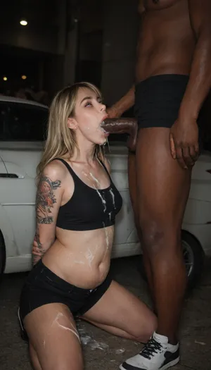 ((((UHD 8K, best quality, maximum details, extreme realism, cinematic still)))), (3/4 view), full-body photo of, ((petite), chubby), (cum-covered_body:1.65), Mature woman kneeling mouth wide open, 1 African_man standing, (on a city street, next to a car), ((sensual blowjob)), ((((messy overflowing oral_creampie)))), (((blonde hair and bangs, black croptop, black shorts, (tattoos)))), black sneakers, c-cup breasts, (hands behind back), polaroid, film, photography, raw, lighting, overexposed, harsh, flash, bbcdeepthroat, <lora:dark:.25>, <lora:Polaroidv2:.7>, <lora:Rawfully Stylish v0.2_epoch_20:.235>, <lora:BBCDeepthroat:.15>