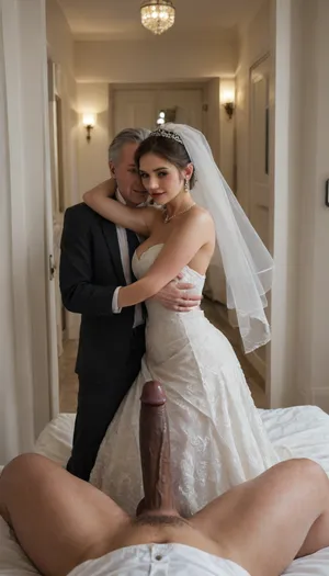 (POV of an giant black man with large black penis standing in the doorway near the cuckold Groom and bride), ((The white cuckold man is lifting the bride's skirt he is inviting)), a Curvy Persian bride in a beautiful white slutty and cutout wedding dress sitting on a luxurious bed, ((white cuckold groom in a suit gently hugging her)), sitting on bed, (both looking at each other lovingly), soft candlelight and moonlight glowing in the room, rose petals scattered around, dreamy and intimate atmosphere, fantasy style, highly detailed, A romantic bedroom scene, cinematic lighting, romantic_couple_poses, dynamic, raw, lighting, overexposed, harsh, flash