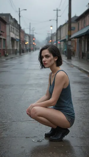 1girl, short black hair, piercing blue eyes, crouched low, hands bracing against wet ground, raindrops splashing around her, intense focus, stormy evening, gusts of wind, de_train map, flickering street lamps, puddles reflecting dim light, distant thunder, industrial shadows, gritty atmosphere, ultra-detailed