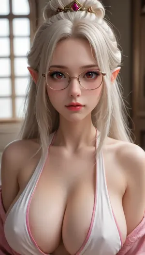 the legend of zelda, purah, 1girl, breasts, cleavage, eyeshadow, female focus, glasses, huge breasts, long hair, looking at viewer, makeup, red eyes, sideboob, solo, updo, upper body, white hair, areola slip, pink areola