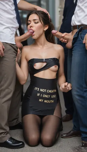 Text painted on her t-shirt "ITS NOT CHEATING IF I ONLY USE MY MOUTH", small gold letters, ((all text visible))