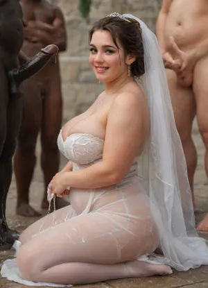 interfacial, wet hair, ((yellow piss)), ((brutal black skin man piss on the bride's face)), 10 large black penis pissing on the bride, A lively and joyful wedding celebration scene where the Persian bride, groom, wedding dress drenched in yellow piss, and guests are playfully splashing yellow piss at each other outdoors. goldenshower, watersport, piss on bride's face, pee on the bride, The bride is laughing in her wedding dress, soaked but carefree, her hair and makeup slightly tousled. The groom is equally drenched, smiling with pure joy. Guests of all ages join in the fun, some drinking piss. The scene is full of motion, with piss droplets frozen in the air, sunlight glinting off the splashes, and everyone glowing with happiness and freedom. The atmosphere is festive, spontaneous, and full of love., soakingwetclothes, plump, skindentation, chubby, bbw, venus, body, big, breasts, ass, ruined, makeup, <lora:add-detail-xl:.8>, <lora:soakingwetclothesXL:.8>, <lora:Chubby BBW - XL:.6>, <lora:ruined1:.8>, <lora:481999_training_data:.8>