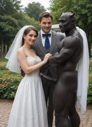 interfacial, long and thick black penis, A sensual wedding photo of a, ((smiling Iranian bride and groom dressed in traditional and modern wedding attire)), standing next to their, ((muscular brutal black skin bull)), . All three are posing happily together outdoors in a sunny garden setting, with soft natural lighting and a warm, festive atmosphere. The Iranian bride is wearing a beautiful white dress with subtle Persian embroidery, the groom in a formal suit, and their Korean friend is dressed stylishly in semi-formal attire. Everyone is laughing and enjoying the moment.