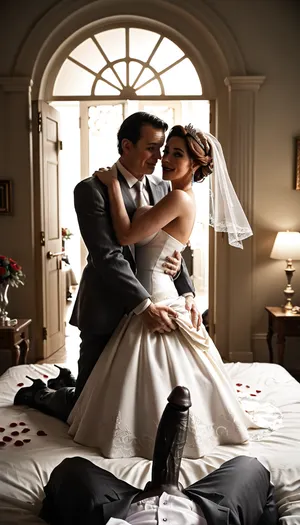 (POV of an giant black man with large black penis standing in the doorway near the cuckold Groom and bride), ((The white cuckold man is lifting the bride's skirt he is inviting)), a Curvy Persian bride in a beautiful white slutty and cutout wedding dress sitting on a luxurious bed, ((white cuckold groom in a suit gently hugging her)), sitting on bed, (both looking at each other lovingly), soft candlelight and moonlight glowing in the room, rose petals scattered around, dreamy and intimate atmosphere, fantasy style, highly detailed, A romantic bedroom scene, cinematic lighting, romantic_couple_poses, dynamic, lighting, <lora:dark:.4>, <lora:1365620_training_data:.5>, <lora:milkers_v2:.4>, <lora:Dynamic_Lighting_by_Stable_Yogi_SDXL3_v1:.8>, <lora:274698_training_data:.8>