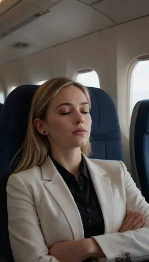 (masterpiece, best quality, photorealistic, highres), peaceful scene inside a modern airplane cabin, a young blonde woman around 18 years old with long straight light blonde hair partially tucked behind her ear, wearing a white jacket and black inner shirt, sitting by the window with arms folded across her chest, eyes closed, calm and relaxed expression, subtle natural makeup, soft pink lips, wearing a small earbud in her ear, relaxed sleeping posture, several other passengers seated nearby also resting or sleeping, background shows rounded aircraft windows with soft bright daylight illuminating the cabin, dark cushioned passenger seats, simple grey and white interior design, clear overhead bins, realistic cabin lighting, natural skin textures, soft shadows on the face and jacket, ultra-detailed fabric rendering, cinematic natural light balance, subtle reflections on surfaces, <lora:add-detail-xl:.8>, <lora:MaybeBetterFaceInFullBodyLora_XL_rev3:.8>