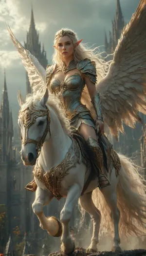 fantasy context, a tall elf warrior woman is riding a pegaso, huge massive breasts, fantasy armor, very high heels, hksky, <lora:RulersOfTheSkyXL:.8>