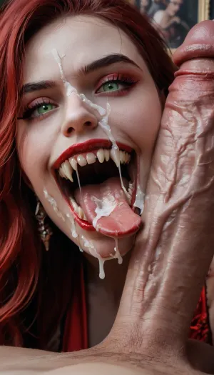 beautiful 18 year old romanian vampire biting a cock, close up, red satin bra and red satin gown, long wavy black tousled hair with red high lights, (8k, RAW photo, best quality, masterpiece:1.4), perfect green eyes, (vampire fangs), ((big fangs bitong in to cock)), seductive look, full body body visible, view from side, looking at wiver, cum in mouth, cum on face, facial, ((a very very long forked tongue wraps around the cock))