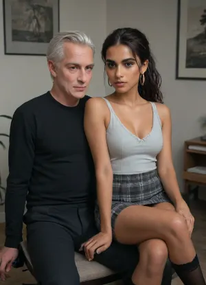 realistic, sensual NSFW photo, (stunning Indian female court stenographer:1.6), 24, glowing mocha skin, soft oval face, almond eyes with subtle makeup, long straight black hair tied into a sleek ponytail, wearing a fitted black turtleneck bodysuit and grey plaid mini skirt, seated sideways one leg crossed over the other showing off toned thighs and black stockings across the lap of a dominant older man in a leather office chair, his hand resting possessively on her thigh, her expression torn between discomfort and secret excitement, soft studio lighting with shadows on her face, camera at chest-height facing them intimately, <lora:add-detail-xl:.8>, <lora:SDXLHighDetail_v6-000005:.8>
