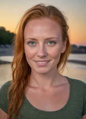 UHD 8K, extreme realism, Busty 40 year old female, slim figure, wavy ginger and gray haired to ponytail, sundown lighting, on the beach, smiling, (black t-shirt over breasts), (Skin texture:1.6), (green eyes), (Eye detail texture:1.6), (breast size:.5), (ginger hair:2), (gray streaks hair:1.2), (backround texture:.6), (freckles:1.2), (fair skin:1.6)