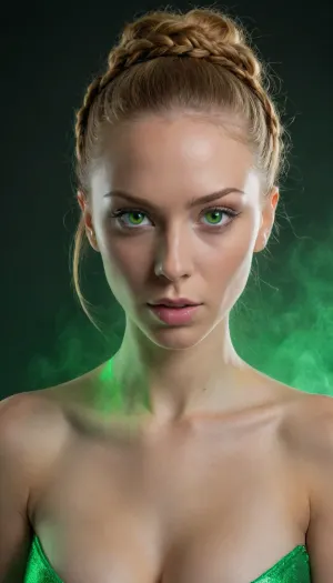 (photo realistic:1.8), (green smoke backround:1.8), portrait, natural skin, (eye details:2), (robotic left eye:1.4), (ginger braided bun hair:1.4), (green shiny glowing eyes:1.8), (muscular arms:1.6), long black silk rope, (realistic skin:1.6), (breast size:1.2), ohwx, <lora:LittleCaprice_SDXL_v1.0:1.2>