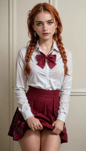masterpiece, award winning photo, detailed face, realism, passion, lust, ultra realism, UHD 8K, extreme realism, maximum detail, realistic face features, sexy ginger hair girl with pale skin and freckle's, twin braids, full body view, petite and sexy body, beautiful skirt, cute shirt, school uniform, <lora:add-detail-xl:.8>, <lora:SDXLHighDetail_v6-000005:.8>, ponychar3-RBSYPV3, curvaceous2, long, hair, looking, at, viewer, burgundy, brown, eyes, mole, portrait, freckles, realistic, <lora:ponychar3-0-RBSYPV3:.8>, skirtlift, <lora:skirtlift_xl:.8>