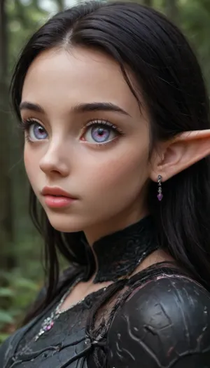 (1 extremely beautiful elf girl standing in a dark evil forest:1.3), (close up angle), (side view), (big thin cute lips), (extremely small beautiful face:1.3), black hair, (extremely straight bob hairstyle:1.2), (mecha black armor:1.4), fully clothed, white skin, very long thick eyelashes, (light purple eyes), (extemely cute athletic body:1.4), collarbones, multiple big necklace, earrings, (cute medium breasts:1.2), small waist, (cute bubble butt:1.2), (extremely thin muscular thighs), long legs, (extremely perfect big beautiful eyes:1.8), (perfect face:1.3), (8k), (dark forest at night), white, sclera, eyes, syntheticbreed, <lora:white sclera v2:1.3>, <lora:rknArouseXL:.8>, <lora:1366408_training_data:.8>, <lora:Synthetic_Breed:2>