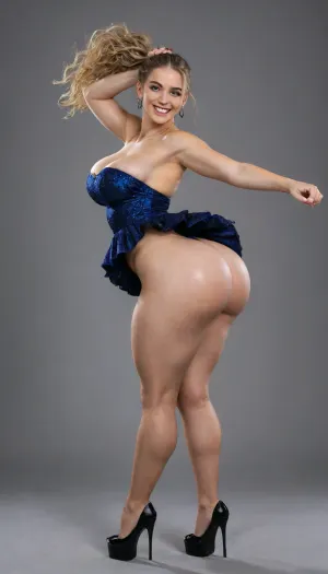 close up top body, blonde, ponytail hairstyle, (30 years old slut), extremely pretty face, (oiled skin), pale, (natural saggy tits), (big smile, big teeth), velvet background, huge natural tits, (big boobs), thick, curvy, super waist, waist, super thighs, super ass, thighs, large ass, (big ass:1.5), extremely thick round butt, buttcrack, tight long loose pleated fancy dress, looking at viewer, horny, long legs, hdr, platform high heels, ultra detailed face, clothes on, sfw, non nude, provocative, dancing, bouncing, spinning, dynamic motion