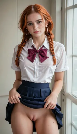 masterpiece, award winning photo, detailed face, realism, passion, lust, ultra realism, UHD 8K, extreme realism, maximum detail, realistic face features, sexy ginger hair girl with pale skin and freckle's, twin braids, full body view, petite and sexy body, beautiful skirt, cute shirt, school uniform, <lora:add-detail-xl:.8>, <lora:SDXLHighDetail_v6-000005:.8>, ponychar3-RBSYPV3, curvaceous2, long, hair, looking, at, viewer, burgundy, brown, eyes, mole, portrait, freckles, realistic, <lora:ponychar3-0-RBSYPV3:.8>, skirt lift, stunning vagina under skirt, skirt up, pink beautiful vagina, skirtlift, <lora:skirtlift_xl:.8>