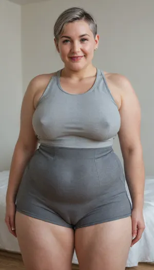 1/3 side view, (((BODY FACE FRONT, LOCKIN FRONT))), (gilf:1.4), (short body:1.3), mature, older, long hair, black straight hair, ultra detailed, masterpiece, best quality, extremely detailed, sharp focus, illustration, collarbones, perfect hands, hands with five fingers, diamond engagement ring on her left hand, her hands are on her waist, (GoodHands-beta2:1), (pear shaped body), (chubby, muffintop belly:1.3), BEDROOM BACKGROUND, standing, smile, perfect lighting, detailed eyes, chubby face, (looks at viewer, sensual smile:1.1), ((cotton light heather gray fullbrief, high-waist, high-cut, full coverage tight yoga shorts:1.3)), (buldging mons pubis), (buldging cameltoe:1.3), (cameltoe:1.5), (chubby pubic mound), FUPA, fat upper pubic area, parted lips, full lips, plump, cellulite legs, wide hips, square hips, big fat hips, saddlebags, chubby thighs, flabby, chubby belly, fat thighs, fat hips, breasts_apart, puffy_nipples, large_areola, torpedo_breasts, Chubby, Plump, Fat, Rolls, (cellulite:1.3), (obese:1.5), (saggy:1.4), (big FUPA:1.3), auburn, wrinkles, jewelry, long, hair, short, smiling, 1girl, eyes, <lora:Older_woman-000008:.5>, <lora:278488_training_data:.8>