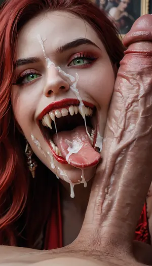 beautiful 18 year old romanian vampire biting a cock, close up, red satin bra and red satin gown, long wavy black tousled hair with red high lights, (8k, RAW photo, best quality, masterpiece:1.4), perfect green eyes, (vampire fangs), ((big fangs bitong in to cock)), seductive look, full body body visible, view from side, looking at wiver, cum in mouth, cum on face, facial, ((a very very long forked tongue wraps around the cock))