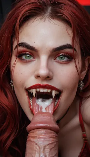 beautiful 18 year old romanian vampire biting a cock, close up, red satin bra and red satin gown, long wavy black tousled hair with red high lights, (8k, RAW photo, best quality, masterpiece:1.4), perfect green eyes, (vampire fangs), ((big fangs bitong in to cock)), seductive look, full body body visible, view from side, looking at wiver, cum in mouth, cum on face, facial, ((a very very long forked tongue wraps around the cock))