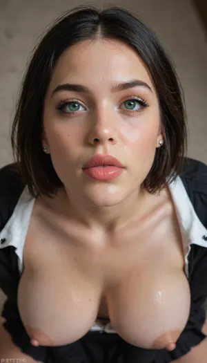 ((Ultimate realistic photo)), ((detailed face)), (Bottom looking up view), ((Extremely gorgeous gothic girl)), ((pale white skin)), ((extreme cuteness)), ((black hair in a pretty elegant bobcut)), (oiled skin), full lips, puffy lips, red lip gloss, (huge tits), (huge ass), (perky tits), pointy nipples, (big hips), (big thighs), ((pretty pink pussy)), (detailed pussy), ((bright green eyes)), eyes open, (((perfect complimenting light))), ((perfect mouth)), ((perfect lips), ((upskirt view)), (close up))