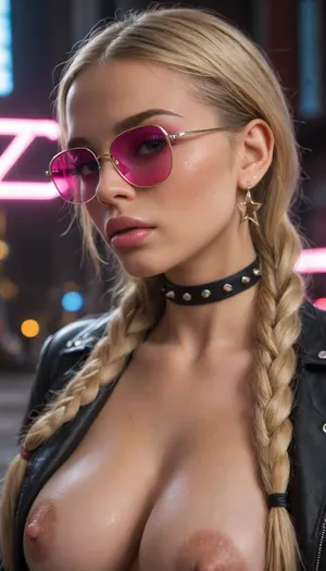 dark neon city background, extra bright purple neon lights, beautiful fit girl, neon signs, spiked black sports bomber jacket, pink sunglasses, ((bimbo)), (((long blonde hair in a braids))), pink open bust high cut, (((tight fitting pink open bust high cut))), (((side close-up body view))), pornstar breasts, (((pornstar breasts:1.3))), very thick thights, (((very thick thights 2.0))), full shot, biting lip, waist, bimbo lips, choker, tattoos on the arms, puffy pussy, black sneakers, camel toe, flirting, black and white striped knee socks, black leather waist belt, legs wide spread, aroused expression, realistic detailed skin texture, Beautiful model face, perfect skin, sweaty skin, dramatic lighting, dramatic shadows, fake lips, injected lips, sexy pose, (((big areola:1.3))), behind window