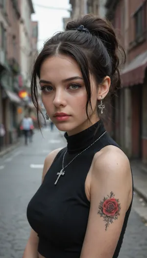 Image is a digital illustration featuring an anime-style character with a gothic aesthetic. The character has pale skin and long black hair styled in a high ponytail with intricate braids and a black hair accessory. Her facial features include sharp eyes with red irises and a neutral expression. She wears a sleeveless black top with a high collar, adorned with a silver cross necklace. Her ears are pierced multiple times, showcasing various earrings. A prominent tattoo is visible on her left shoulder, depicting a detailed design. The background is blurred, suggesting an urban setting with a cool color palette, enhancing the moody atmosphere of the scene.