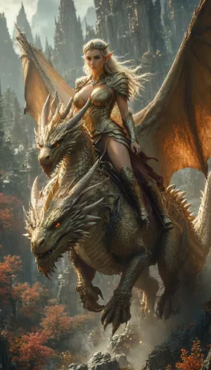 fantasy context, a tall elf warrior woman is riding a gold dragon, huge massive breasts, fantasy armor, very high heels, large, breasts, big, boobs, huge, tits, <lora:bombshell_v2:.8>, hksky, <lora:RulersOfTheSkyXL:.8>