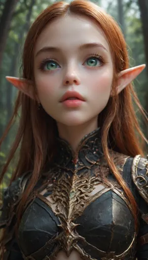 (1 extremely cute elf girl standing in a dark evil forest:1.2), (close up angle:1.3), (front view), (big thin cute lips), (extremely small cute face:1.3), orange hair, (extremely long hair), extremely straight hair, (beautiful black armor:1.2), partially clothed, white skin, very long thick eyelashes, (light green eyes), (extemely cute petite body:1.4), collarbones, multiple big necklace, earrings, (cute large breasts), small waist, (cute bubble butt), (extremely thin petite thighs), long legs, (extremely perfect big beautiful eyes:1.2), (perfect face:1.3), (8k), (dark forest at night), white, sclera, eyes, dark, fantasy, F41Arm0rXL, <lora:white sclera v2:1.3>, <lora:rknArouseXL:.8>, <lora:1366408_training_data:.8>, <lora:dark_fantasy_art:1>, <lora:Fae_Armor_XL-000008:1.3>