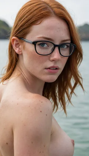 (Backround, beach, sea, palms, sundwon lighting, view from behind), (27 year old female, sidecut hairstyle, light blue eyes, piercing in nose, large nose, big black framed glasses), (hair length:.3), (blonde hair color:.3), (eye color:.5), (eye details:.7), (freckles:1.6), (fair skin color:.5), (tanlines:.1), (small breast size:1), (muscles body:1.7)