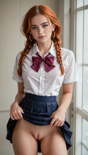 masterpiece, award winning photo, detailed face, realism, passion, lust, ultra realism, UHD 8K, extreme realism, maximum detail, realistic face features, sexy ginger hair girl with pale skin and freckle's, twin braids, full body view, petite and sexy body, beautiful skirt, cute shirt, school uniform, <lora:add-detail-xl:.8>, <lora:SDXLHighDetail_v6-000005:.8>, ponychar3-RBSYPV3, curvaceous2, long, hair, looking, at, viewer, burgundy, brown, eyes, mole, portrait, freckles, realistic, <lora:ponychar3-0-RBSYPV3:.8>, skirt lift, stunning vagina under skirt, skirt up, pink beautiful vagina, skirtlift, <lora:skirtlift_xl:.8>