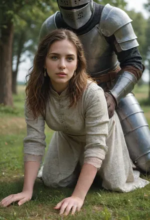 Erotic scifi scene. Hyper realistic, (male medieval knight in armour), doggystyle fucking, (a poor country girl in simple rough clothes), outdoor, field