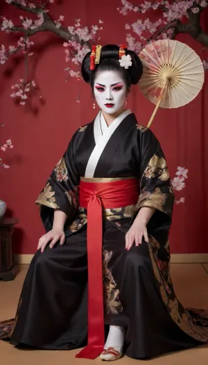 Goth traditional kabuki theater actress in edo period japan, (19th century), intricate red and black kabuki stage makeup, whiteface, red lips, black lipstick line, black eyebrows, white facial powder, small eyes, exaggerated white cheeks, elaborate wig styled in a high bun adorned with cherry blossom petals, red and black kabuki costume, wide red sash belt, red and black kimono, gold embroidery, black pants underneath, detailed wood grain kabuki theater background, ornate stage set with cherry blossom tree, red curtains, japanese fans, theatrical pose, dramatic gaze, holding a fan, intricate patterns, bold colors, highly detailed, cinematic lighting, vibrant colors, realistic textures, high-resolution image, sumptuous fabrics, grandiose performance attire, traditional kabuki theater atmosphere, historical accuracy. uncovered pussy, (((sitting with legs wide spread))), golden dragon licking her pussy, moving her skirt to side, to reveal pussy