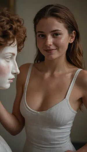 well-build body, sporty round ass, medium tits, small lips, lots of freckles face and skin, blush on the checks and nose, (raised nasal tip, upturned button nose, upturned nose, delicate nose, nose), brown wild wet hair with sidelocks, very sexy smile, Venus of milo in real life, with arms, medium breasts, in a Museum, a stonemason is working on her marble statue next to her, sharp background