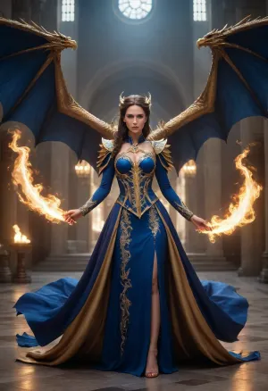 woman, she is a dressed healer, the background is in a luxus hospital, full body, royal blue dress with gold and diamonds, a majestic three-headed dragon is behind her to protect her, each head breathing a different element, (fire, ice, lightning), massive wings spread wide, glowing eyes